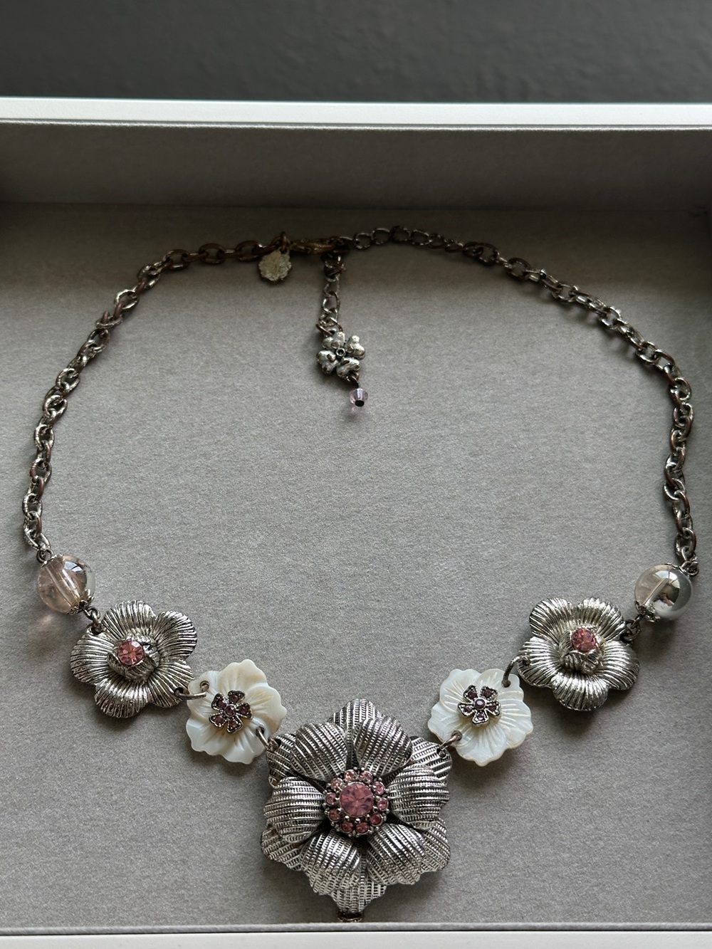 Silver-Tone Pink Floral Statement Necklace - Women Jewelry